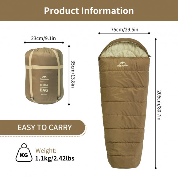 Śpiwór z kapturem Naturehike MJ 600 CNK2300SD014, brązowy