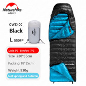 Спальник з натуральним пухом Naturehike CW400 NH18C400-D, р-р L, чорно-блакитний Спальник з натуральним пухом Naturehike CW400 NH18C400-D, р-р L, чорно-блакитний